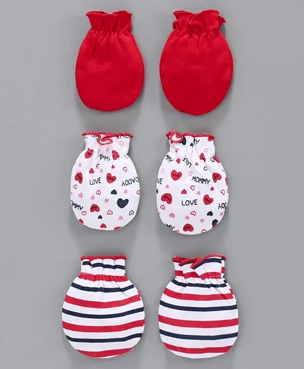 Babyhug 100% Cotton Set of Mittens Heart Print - Red