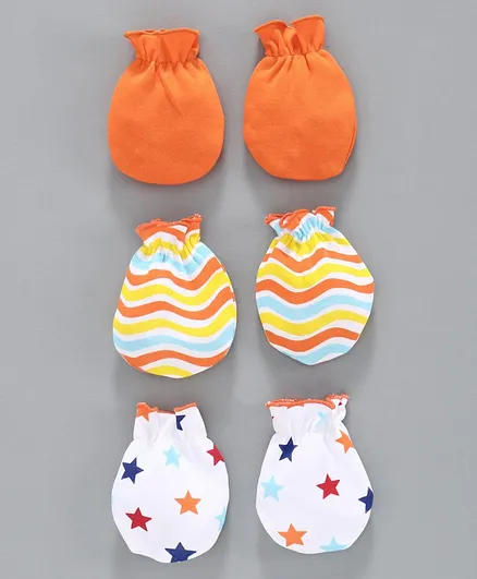 Babyhug 100% Cotton Multi Printed Mittens Set of 3 Pairs - Orange White