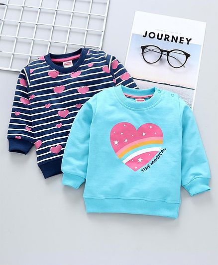 Babyhug Full Sleeves Sweatshirts Heart Print Pack of 2 - Blue