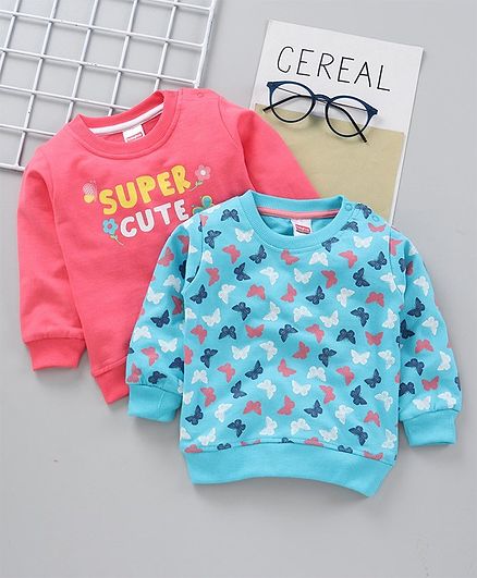 Babyhug Full Sleeves Sweatshirt Text & Butterfly Print Pack of 2 - Pink Blue
