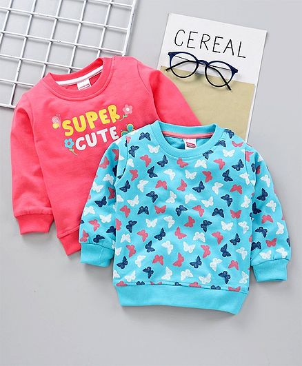 Babyhug Full Sleeves Sweatshirt Text & Butterfly Print Pack of 2 - Pink Blue