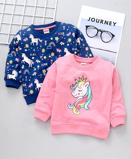 Babyhug Full Sleeves Sweatshirt Unicorn Print Pack of 2 - Pink Blue