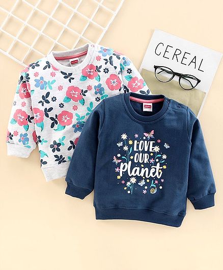 Babyhug Full Sleeves Sweatshirt Floral Print Pack of 2 - Pink Blue
