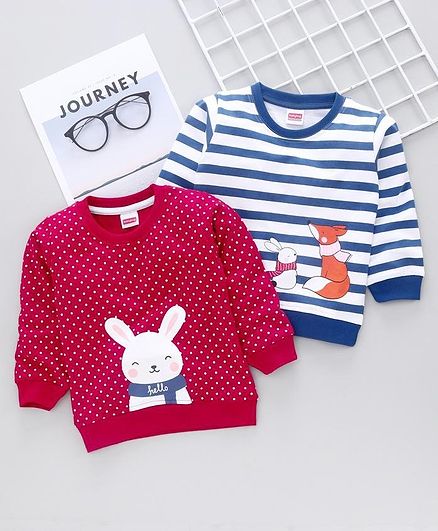 Babyhug Full Sleeves Sweatshirt Bunny Print Pack of 2 - Pink Blue