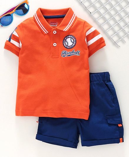 Babyhug Half Sleeves Tee with Shorts Text Print - Orange Blue