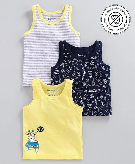 Babyoye 100% Cotton Sleeveless Vests Pack of 3 - Yellow Navy Blue Light Grey