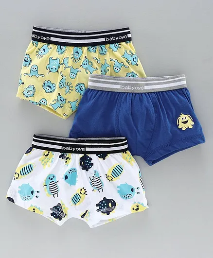 Babyoye Cotton Boxers Monsters Print Pack of 3 - Yellow Blue White