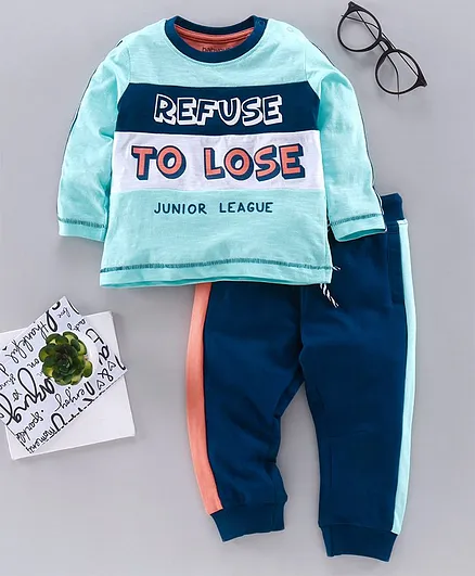 Babyoye Cotton Full Sleeves Tee & Track Pant Text Print - Blue