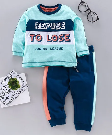 Babyoye Cotton Full Sleeves Tee & Track Pant Text Print - Blue