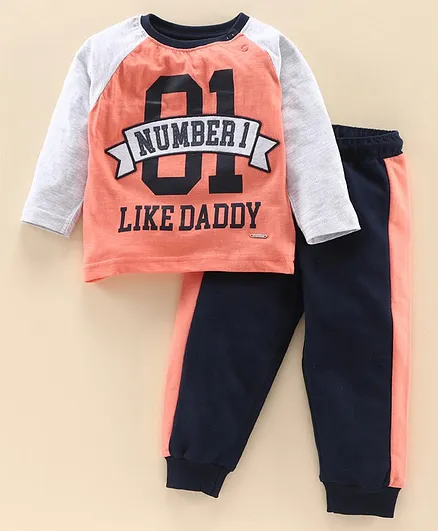 Babyoye Full Sleeves Cotton Tee and Bottom Set Text Print - Coral Black