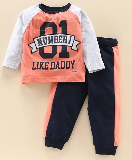 Babyoye Full Sleeves Cotton Tee and Bottom Set Text Print - Coral Black