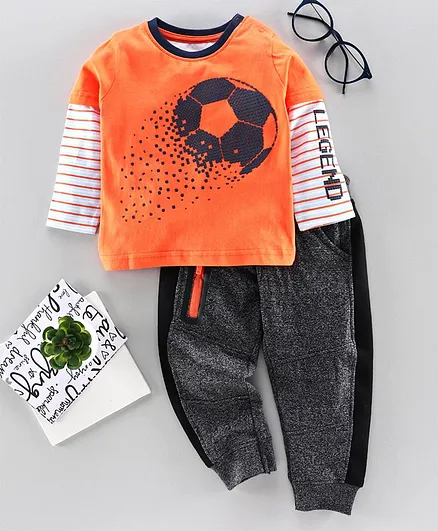 Babyoye Full Sleeves Striped T-Shirt & Pant Set - Orange Grey