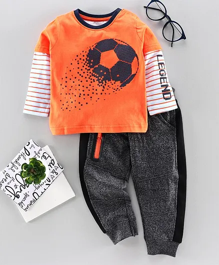 Babyoye Full Sleeves Striped T-Shirt & Pant Set - Orange Grey