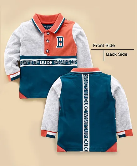 Babyoye Cotton Blend Full Sleeves Tee Star Embroidery - Grey Orange Blue