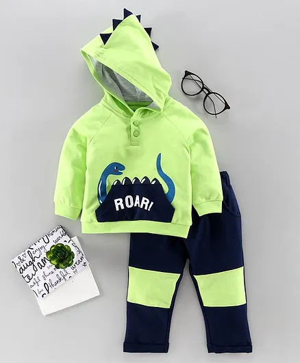Babyoye Cotton Blend Full Sleeves Hooded Tee & Lounge Pant Dino Print - Green