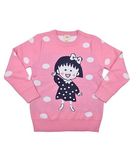 Yellow Bee Full Sleeves Doll Print Sweater - Dark Pink