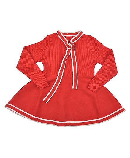 Yellow Bee Full Sleeves Sailor Collared Dress - Red