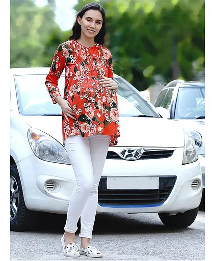 Mine4Nine Full Sleeves Floral Print Maternity Top - Orange