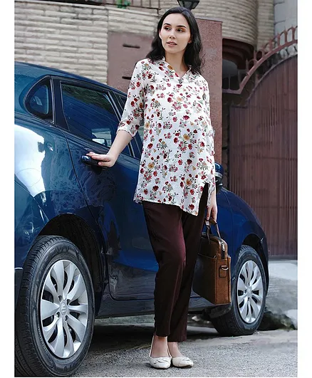 Mine4Nine Three Fourth Sleeves Floral Print Maternity Top - White