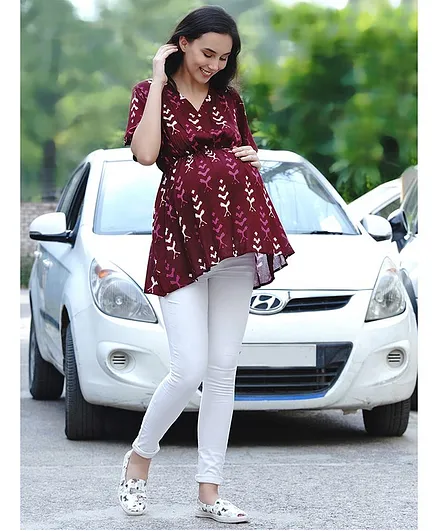 Mine4Nine Half Sleeves Ikat Pattern Maternity Top - Maroon