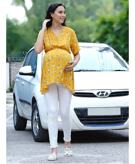 Mine4Nine Half Sleeves Cinched Waist Flower Print Maternity Top - Yellow