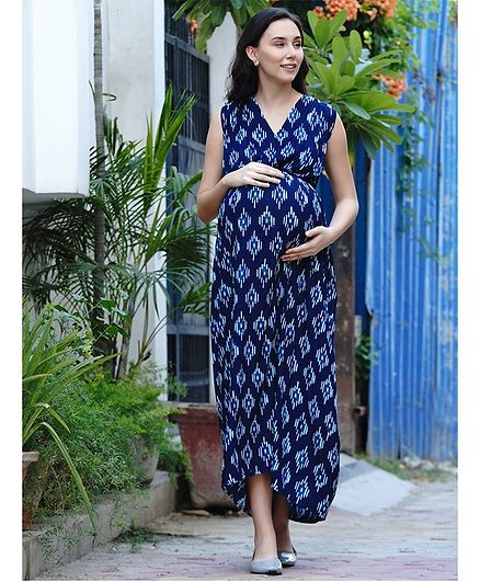 Mine4Nine Sleeveless Ikat Pattern Maternity Dress - Blue