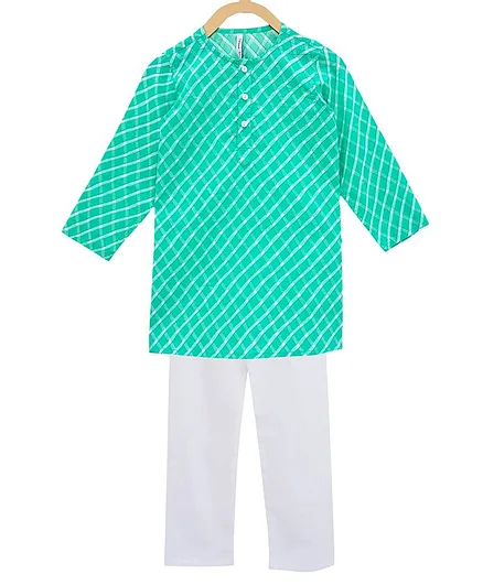 Campana Full Sleeves Leheriya Kurta With Pajama - Green White