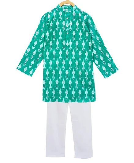 Campana Full Sleeves Motif Print Kurta With Pajama - Green