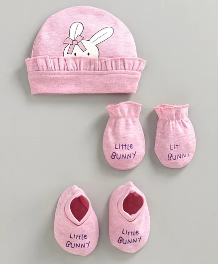 Babyhug Cap, Mittens & Booties Set Bunny Print Pink - Diameter 9.5 cm