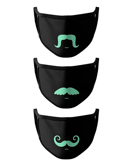COCOON ORGANICS Moustache Print Pack Of 3 Glow-In-Dark 2 Layer Washable Masks - Black