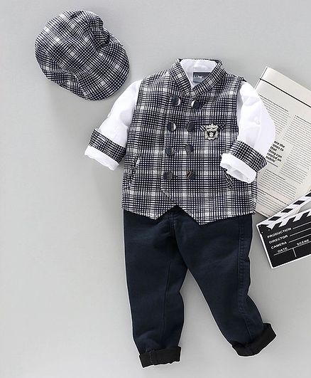 Dapper Dudes Full Sleeves Shirt With Checkered Waistcoat & Pant With Cap - Navy Blue