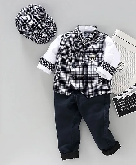 Dapper Dudes Full Sleeves Shirt With Checkered Waistcoat & Pant With Cap - Navy Blue