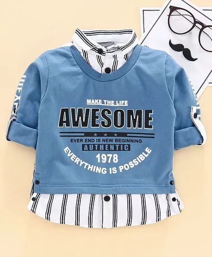 Dapper Dudes Full Sleeves Text Print Shirt Attached Tee - Blue