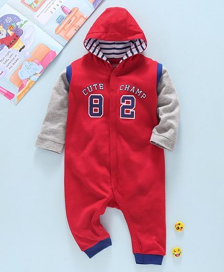 Babyhug 100% Cotton Full Sleeves Hooded Romper Numeric 82 Print - Red Grey