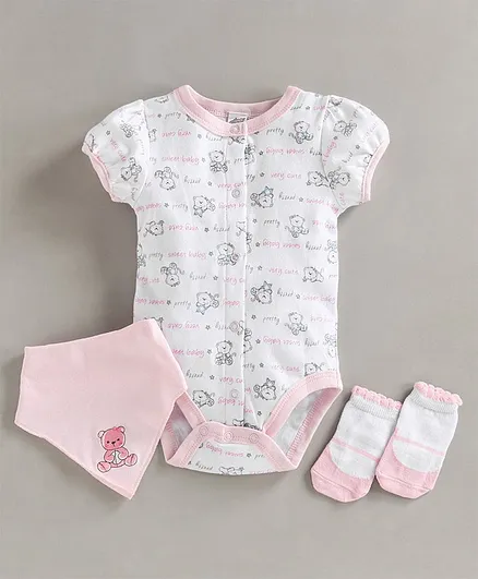 Spring Bunny Short Sleeves Teddy Bear Print Onesie With Socks & Bib - Light Pink