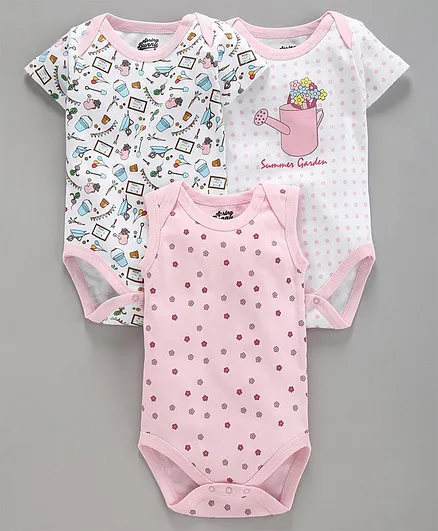 Spring Bunny Pack Of 3 Half Sleeves Gardening Theme Onesie - Pink