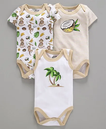 Spring Bunny Pack Of 3 Half Sleeves Tropical Theme Onesie - Beige
