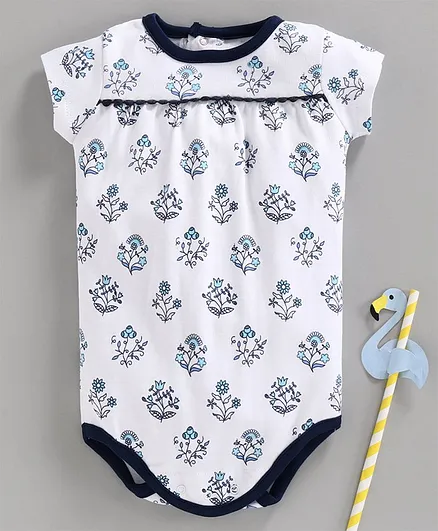 Spring Bunny Half Sleeves Flower Printed Onesie - Blue & White