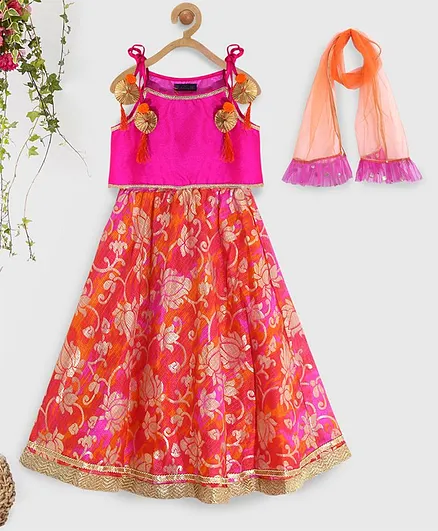 Pspeaches Sleeveless Choli With Lotus Print Lehenga & Dupatta Set - Pink
