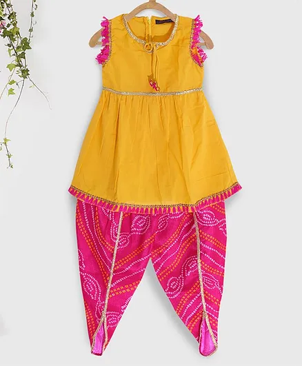 Pspeaches Sleeveless Flare Kurta With Bandhani Print Dhoti - Pink & Yellow