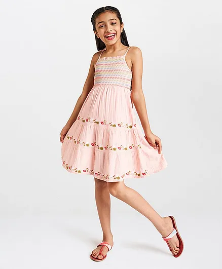 Global Desi Girl Flower Embroidered Sleeveless Dress - Pink