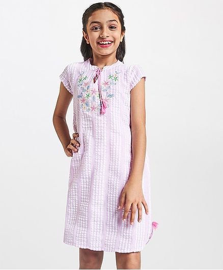Global Desi Girl Flower Embroidered Short Sleeves Dress - Pink