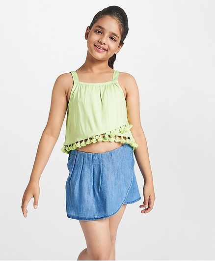 Global Desi Girl Pom Pom Hem Sleeveless Top - Green