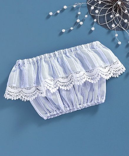 Global Desi Girl Half Sleeves Off Shoulder Scallop Trim Lace Layered Top - Light Blue