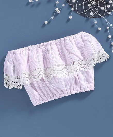 Global Desi Girl Half Sleeves Off Shoulder Scallop Trim Lace Layered Top - Light Pink