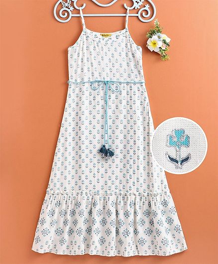 Global Desi Girl Ethnic Motifs Printed Sleeveless Dress - White