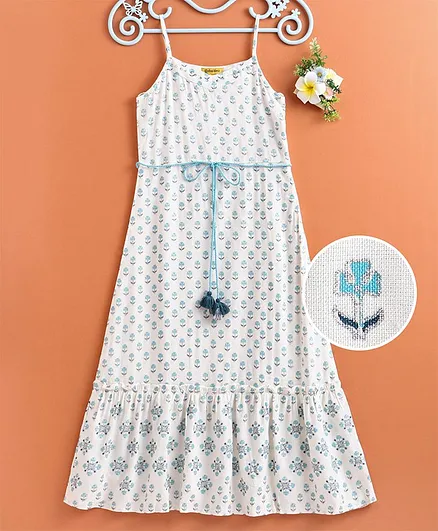 Global Desi Girl Ethnic Motifs Printed Sleeveless Dress - White