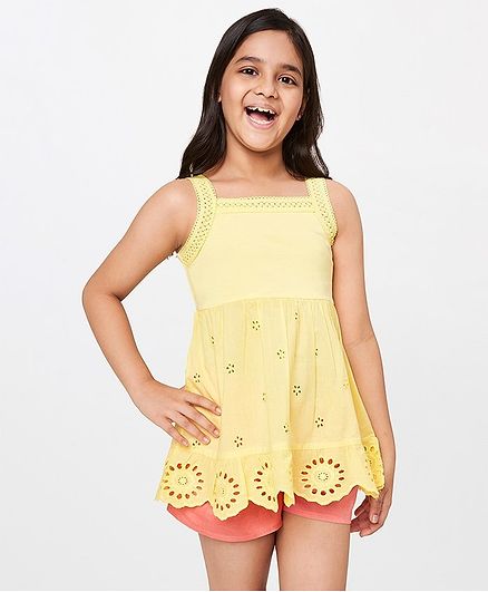 Global Desi Girl Sleeveless Schiffli Top - Yellow