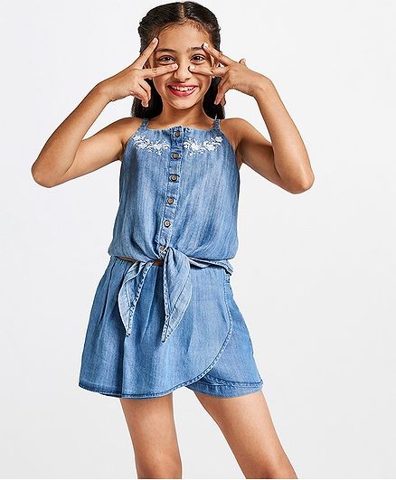 Global Desi Girl Embroidered Neckline Sleeveless Shirt Type Top - Denim Blue