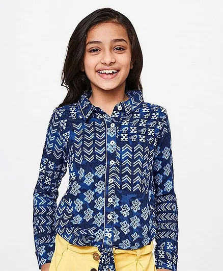 Global Desi Girl Shirt Style Printed Full Sleeves Knot Top - Blue